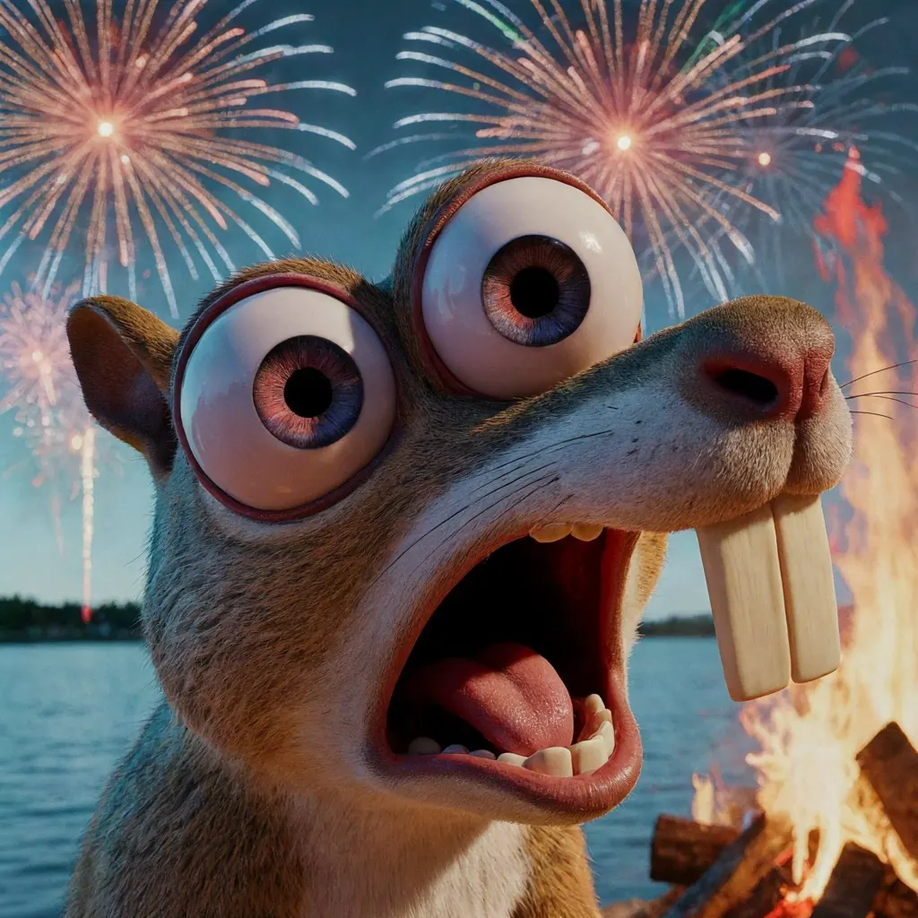 The picture Composer made from that layout: a wide-eyed cartoon squirrel screaming in front of a lake, a bonfire and fireworks.