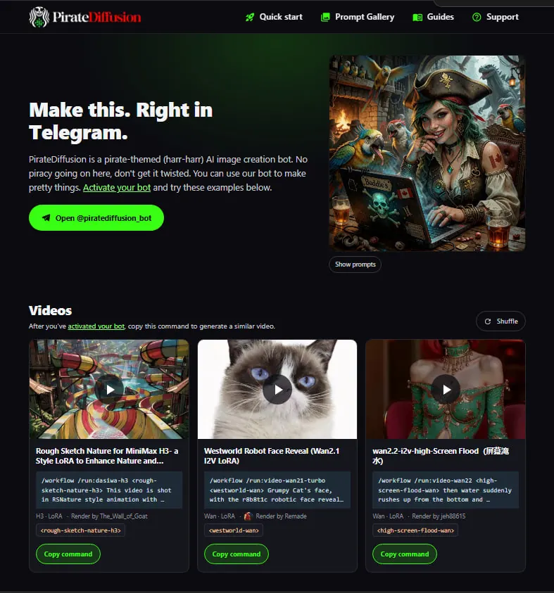 The PirateDiffusion site: the button that opens the Telegram bot, and video examples with the command that made each one, ready to copy.