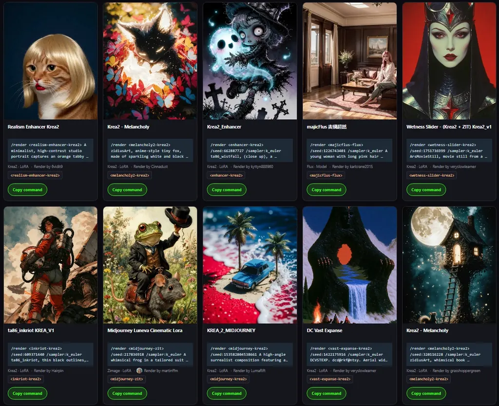 The prompt gallery: finished pictures with the exact /render command and model shortcode behind each one. Copy a command, paste it in the chat, and the bot makes a similar picture.