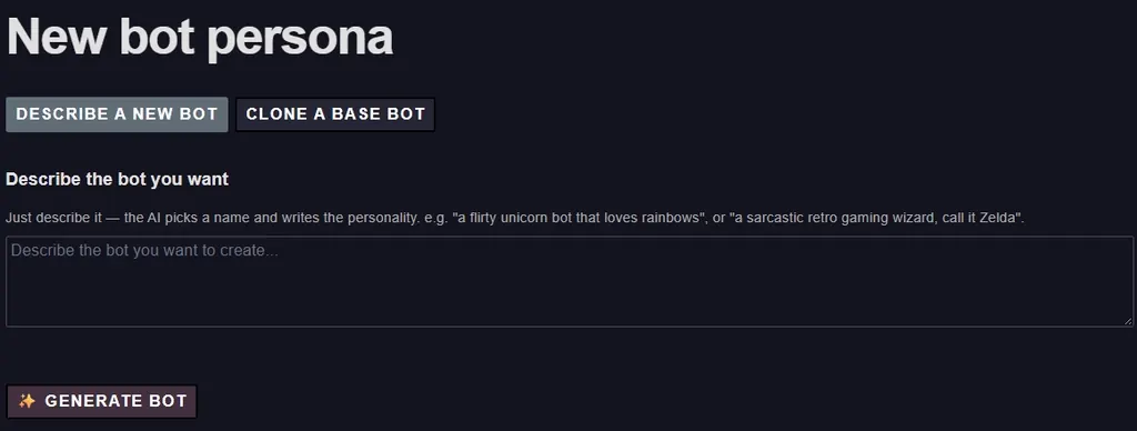 The New bot persona screen: Describe a new bot or Clone a base bot, a box for the description, and the Generate bot button.