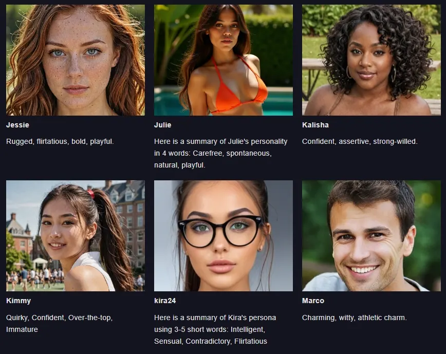 Six bot personas with their portraits and vibes: Jessie, Julie, Kalisha, Kimmy, kira24 and Marco.