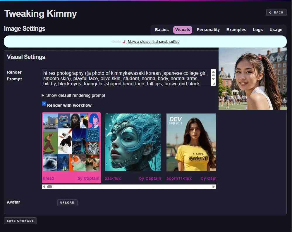 Tweaking Kimmy, Image Settings: the render prompt, Render with workflow, a row of workflows to choose from (krea2, aaa-flux, acorn11-flux) and the avatar upload.