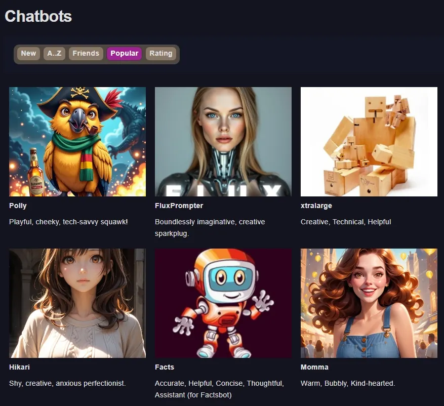 The Chatbots page with the New, A..Z, Friends, Popular and Rating filters and six public bots: Polly, FluxPrompter, xtralarge, Hikari, Facts and Momma.