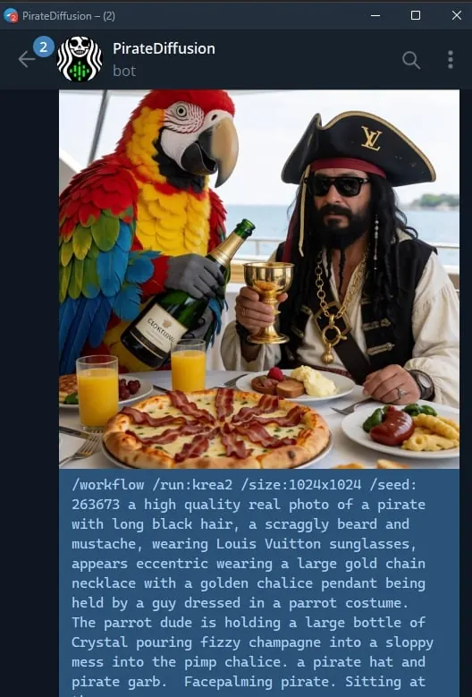 The same Krea2 workflow in PirateDiffusion on Telegram: one message, and the picture comes back in the chat.